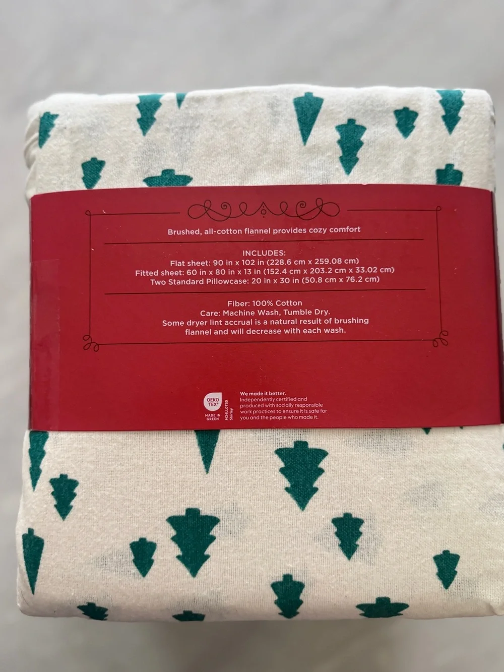 NWT Wondershop QUEEN Bed Sheet Set Flannel White Christmas Tree Print - 4 pc
